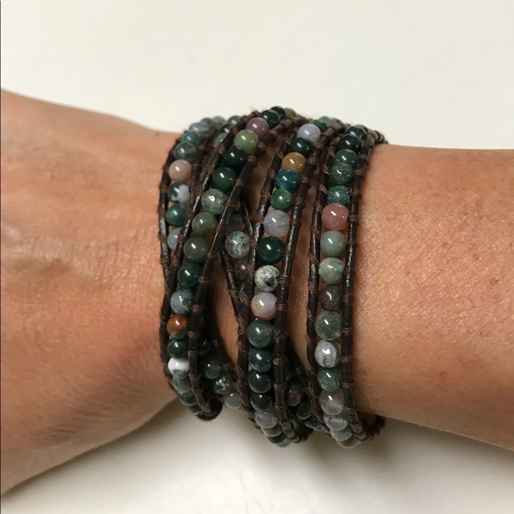 Brown Leather Wrap Bracelet with Earth Tone Beads